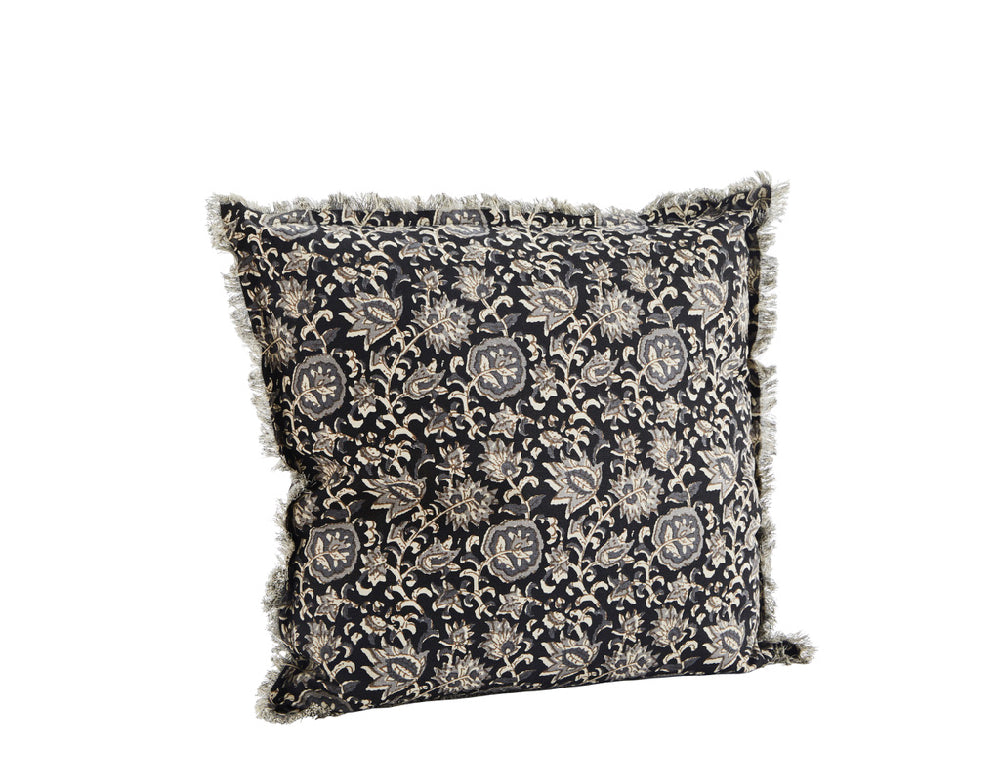 Pudebetræk med frynser, sort, grå, sand